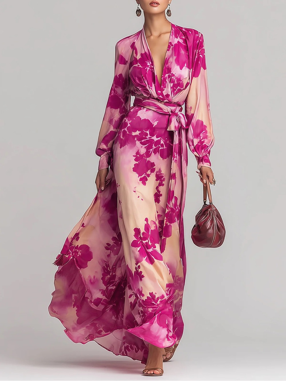Floral Pink Wrap Maxi Dress with Belt